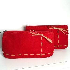 Lancôme Bundle Two Faux Suede Red Make Up Bags Lacing Accent Lined Zipper NEW
